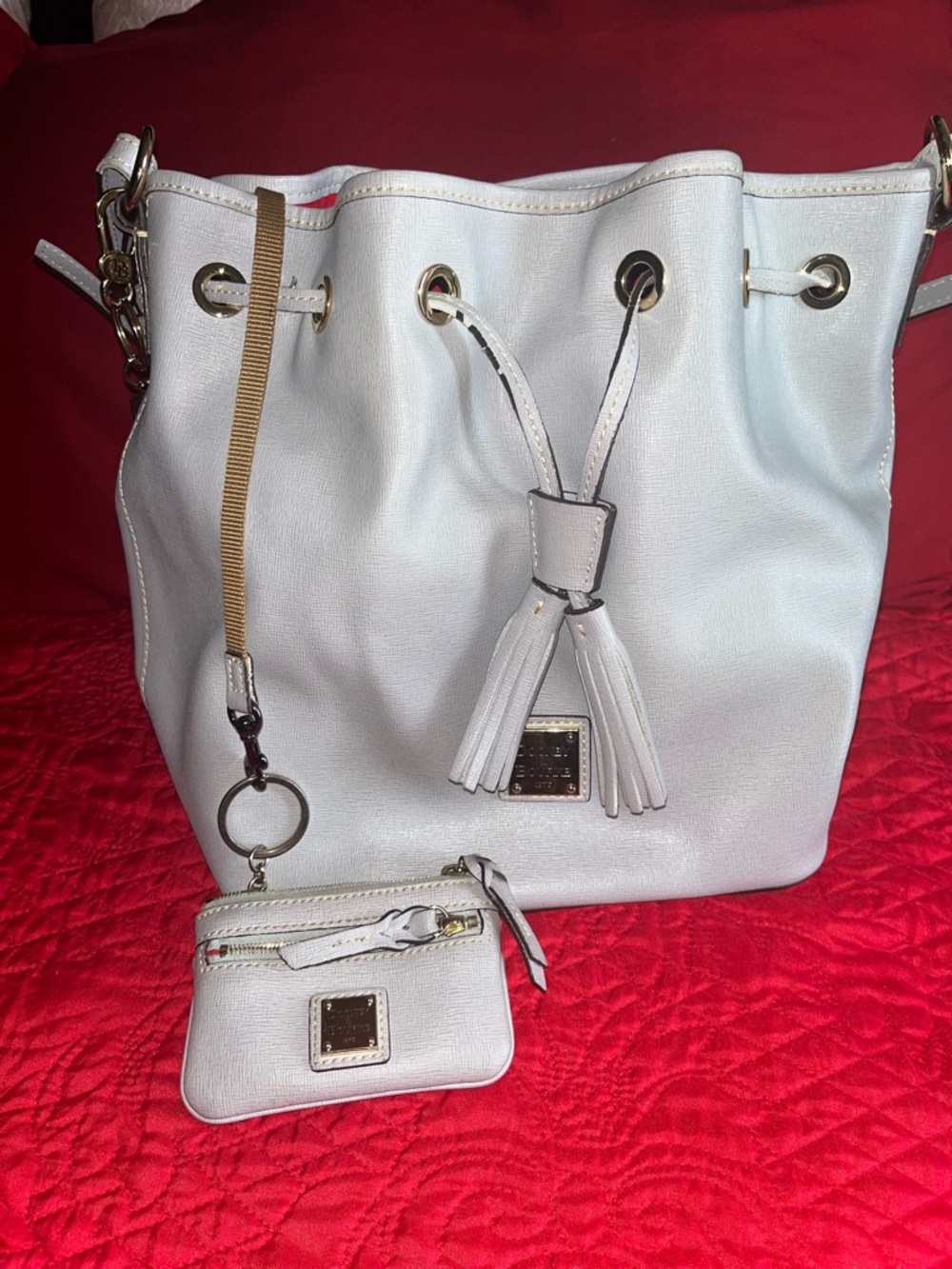 Dooney & Bourke Light Gray Drawstring Tote with Matching Mini Wallet